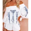 Kvinnors spårfamiljer Kvinnor Slash Neck Sexig Set Spring Summer Blus Shorts Pants Shirred Off Axla Graphic Print Bell Sleeve Top