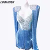 Tute da donna Rompers Sexy Sinestone a V Rhinestones Pink Blue Fringes Bodysuit DJ Singer Nightclub Costume elastico Tasselle Elastico Catsuit Women Stage Wear 230812