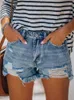 Kvinnors shorts Sexig rippad tofs mager jean med fickor kvinnor hög midja sommar streetwear tvättar orolig blå hål denim