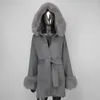 Women's Fur FURYOURSELF 2023 Women Winter Cashmere And Wool Coat Hooded With Faux Collar Belted Soft Middle Length Warm Casual