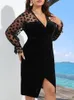 Plus size jurken feest club prom elegante avond voor vrouwen gaze patchwork v nek asymmetrische midi vintage sexy vestidos 2023