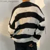 Men's Sweaters Striped O-neck patterned sweater with hollow Korean street knit waist unisex bag design personalized and fully matched with teenagers Z230814