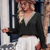 Women's Blouses Lace Stitching Casual Blouse Women Autumn T-shirt V-neck Trim Pullover Tops Ruffle Cuffs Loose Fit