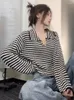 女性用Tシャツ黒い白いストライプセーター女性春秋長袖ポロニットウェール女性韓国ファッション甘いカジュアルルーズプルオーバー