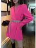 Women's Trench Coats Sexy Bomb Street Rose Red Belt Suit Dress Double Breasted Long Sleeved Coat A-line Silhouette Female