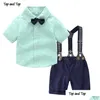 Clothing Sets Baby Boy Gentleman Clothes Set Summer Suit For Toddler Striped Shirt With Bow Tieaddsuspenders White Shorts Formal Boy Dh8Yj