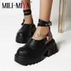 Klänningskor Milimiya Fashion Ankle Wrap Women Pu Leather Pumpar Slingback Round Toe Platform Solid Color Plus Size 3443 Spring Summer Shoe J230815