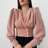 Women's Blouses Elegant Solid Color V Neck Tops Shirt Women Long Sleeve Pleated Office Short Blouse Autumn Spring Casual Button Blusa