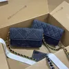 15x8 cm kobiet francuskie 19 Portfel projektantów WOC Blue Denim Diamond Wzór luksusowy torebka Złote sprzęt na ramię Crossbody CO236S