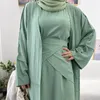 Ethnic Clothing Muslim Eid Islamic 3 Piece Matching Set For Women Modest Maxi Dress Wrap Tie Skirt Solid Open Kaftan Dubai Abaya Turkish