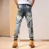 Jeans masculinos Autumn Spliced ​​Macho de alta moda Slim Fit Patched calça lápis para homens