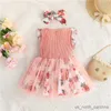 Mädchen Kleider Kleinkind Neugeborenes Baby Mädchen 2 Stücke Sommerkleid Outfits Mädchen Prinzessin Ärmelloses Blumendruck Rüschen Kleid Stirnband Set