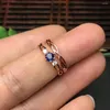 Ringos de cluster moda elegância duplo dois usa anel de safira azul natural S925 Silver Gemstone Girl Jóias de festa feminina