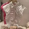 Kvinnors blusar Europeiska design veckade ärmlösa skjortor 2023 Summer Polo Neck Shirt Slim Fashion Pink White Top
