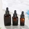 10 20 30 50 100ml Frascos de vidro quadrados âmbar com tampa de alumínio conta-gotas Garrafa de óleo essencial para produtos químicos de laboratório, colônias, perfume Hvrbr