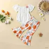 Giyim Setleri 2 PCS Güzel Bebek Kız Giysileri Setleri Kısa Kollu Omuz Boş Çiçek Çiçekler Romper+Baskılı Flare Pants