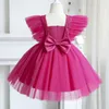 Girl Dresses Summer Children for Girls Elegant Wedding Bridesmaid Worchless Bow Tulle Evening Party Gown Bid Kids Princess Costume