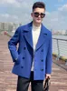 Men S Jackets Trench Wol Coat Dubbele borsten Korte verdikte voering Nekbescherming Warm houden Blauw 230814