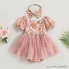 Robes de fille bébé filles barboteuse robe fleur imprimé col bateau manches courtes bouffantes combinaisons jupe en tulle ourlet body avec bandeau arc