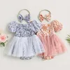 Robes de fille bébé filles barboteuse robe fleur imprimé col bateau manches courtes bouffantes combinaisons jupe en tulle ourlet body avec bandeau arc