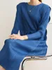 Casual Dresses DrawString Belt Sashes Women Pleated Dress Blue Color LongeeLeses Round Neck Elegant Clothing