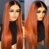 1b/pomarańczowy imbir proste włosy 13x4 HD 220%gęstość koronkowa peruka czołowa Ombre ludzkie włosy Peruki 4x4 Koronkowe zamykanie kolorowe peruki dla czarnych kobiet