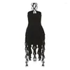 Casual Dresses Women's Sexy Halterneck Bodycon Dress Lace Up Neck Wrap Slim Ruffle Black Cut Out Mini For Women 2023 Summer Y2k