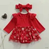 Kläderuppsättningar nyfödda 2st Baby Girls Christmas Outfit Snowflake Mesh Splicing Romper Hairband för småbarnsflickor Kläduppsättningar