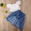 Kläder sätter nyfödd tjej barn spetsar off-shoulder t-shirt topp + denim ruffles fishtail pants bowknot klänning party kläder kläder