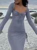 Casual Dresses Sexy Women Long Sleeve Maxi Dress Square Neck Low-cut Tie-up Solid Slim Fit Hight Slit Cocktail Party Club