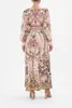 호주 디자이너 드레스 실크 긴 슬리브 핑크 플로럴 인쇄 수제 크리스탈 롱 드레스