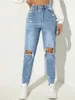 Frauen Jeans rissen Details Mama High Taille für Frauen modische Lose Jeans Weitbein Hosen lässige weibliche Hosen