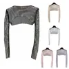 Women's T Shirts Women Colorful Rhinestones Long Sleeve Crop Top Sparkly Glitter Drill Shawls Shrug See Through Fishnet Cover Up Clubwear