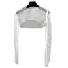 Women's T Shirts Women Colorful Rhinestones Long Sleeve Crop Top Sparkly Glitter Drill Shawls Shrug See Through Fishnet Cover Up Clubwear