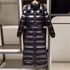 Designer Womens Down Coat broderad märke Långt över knä midjebältet räv päls krage huva kvinnor vinterrock extra långdjockad varm