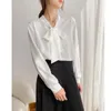 Kvinnors blusar Fashion Woman Blue 2023 Autumn Bow Tie White Office Lady ol Longeeved Shirts For Women Ladies Tops