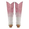 Stövlar Onlymaker Kvinnor pekade tå Knee High Western Cowgirl Glitter Bling Shiny Block Heel Lady 230815