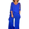 Women's Two Piece Pants Plus Size Causal Loose Sets Solid Color V-Neck Half Sleeve Hollow Out Tie Up Long Irregular Hem Top And Wide Leg Set