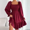 Casual Dresses Women Dress Pleated Wrapped Chest Lady Loose Hem Flattering Square Collar High Waist For Spring