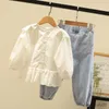 Kleidungssets Mädchen Herbst Lässiges Set Stil Outfit Mädchen Mode Tops + Perlenjeans Zweiteilige Sets Kinder Party Langarm Baumwollanzüge