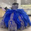 Royal-Blue Gold Quinceanera Sukienka 2023 Puffy trzaska koronkowa Słodka 16 Ball Suknia Brewna Tiul Tiulle de 15 Anos koronkowy gorset BAC243S