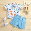 Kledingsets Zomer Baby Jongenskleding 2 stuks Korte mouw Dinosaurus Button-Down Kraag Strikblouse Effen Korte broeksets met trekkoord