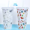 24oz/710 ml Jul Halloween Mugs Color Changing Cups Cold Changing Drink Tumbler With Straw Fruit Te PP Temperaturkänsliga plastvattenflaskor FY5588 0815