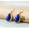 Dangle Earrings S925 Sterling Silver Gold-Plated With Lapis Lazuli And Freshwater Pearls Embellished Simple Temperament