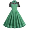 Lässige Kleider Frauen stehende Nackenspitze kurzärmeliges Netz Patchwork Polka Dot Retro großer Saumkleid Langarm Tunika