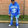 Calça masculina azul retro lama estampar suor de suor de streetwear urbano solto micro calças de moletom de moletom lavado