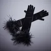 Cinco dedos Guantes de los guantes de las mujeres Patchwork de plumas de avestruz de mujeres Glove de terciopelo largo Femenino Vuelto Vintage Vintage Glove Pograver R551 230815