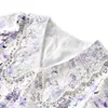 2023 Zomer PurpleFloral Print Panel Lace Jurk Korte Mouw V-Neck Midi Casual Dresses W3L043610