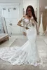 Full Lace Romantic Mermaid Wedding Dresses Sheer Sleeve Appliques Jewel Neck Long Bridal Gowns Garden Boho Robe De Mariage