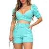 Dames tracksuits v-neck sexy draagt ​​kleding dezelfde kleur riem vaste shirts set